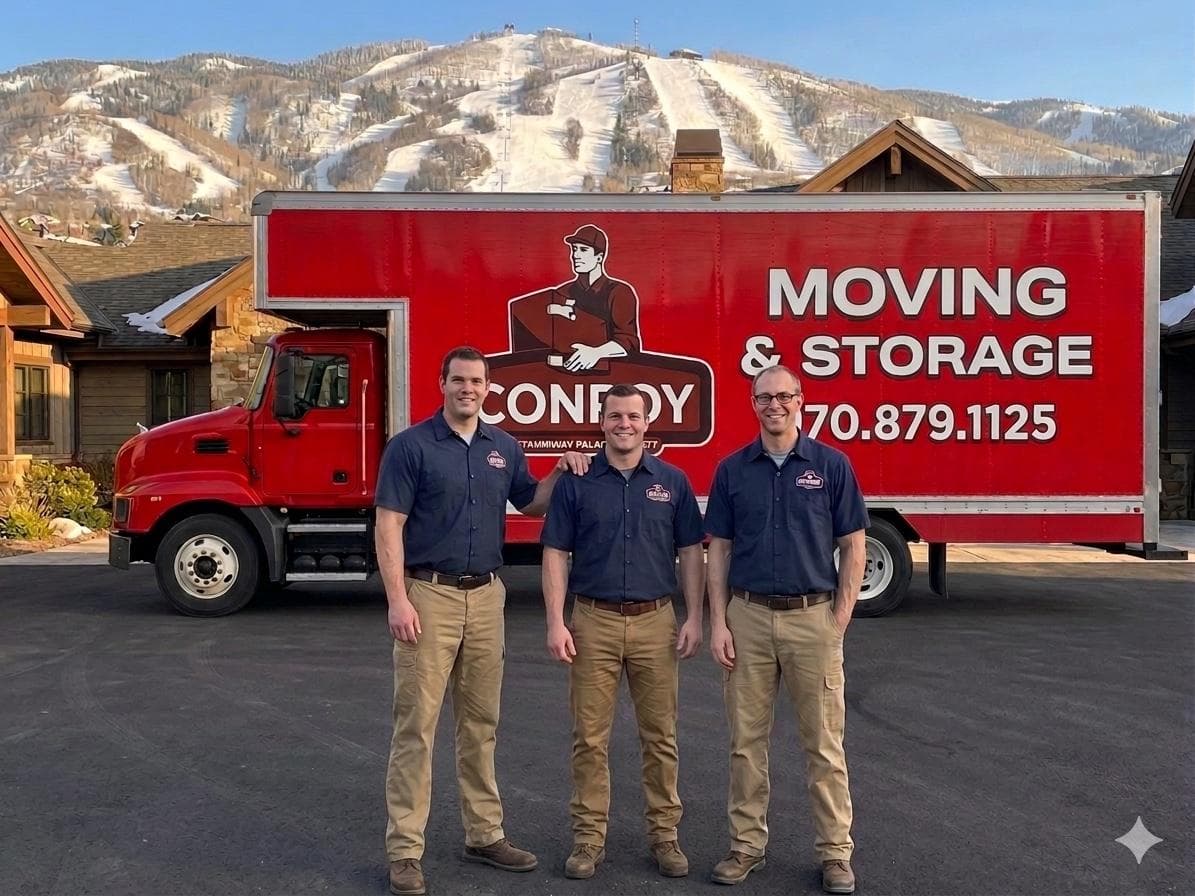 The Conroy Moving team standing in front of a truck with Steamboat ski mountain in the background