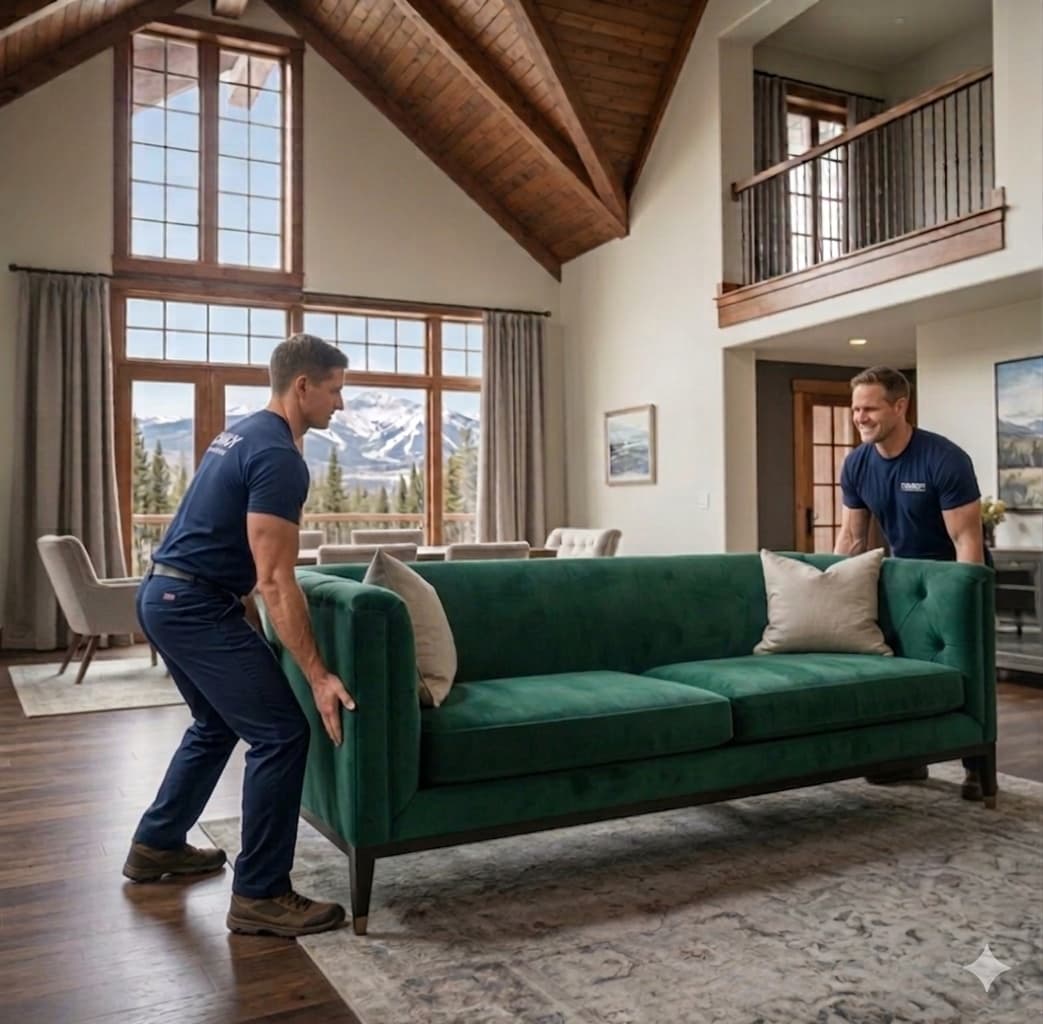 Conroy movers placing designer sofa in luxury mountain home
