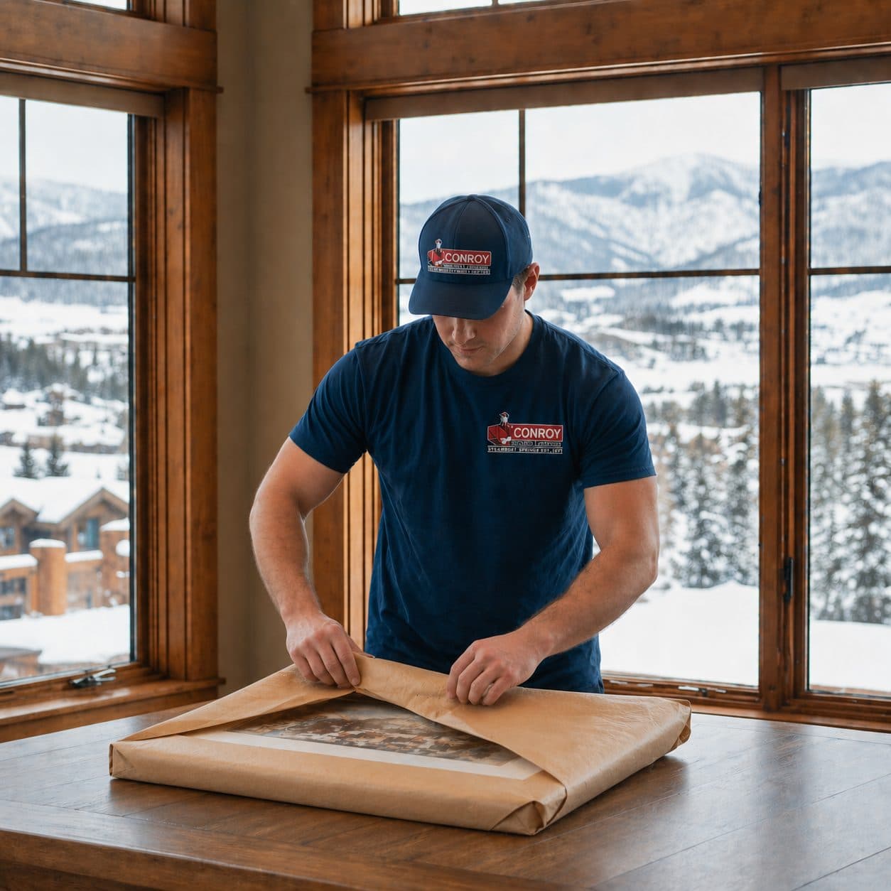 Conroy mover carefully wrapping framed artwork in brown packing paper
