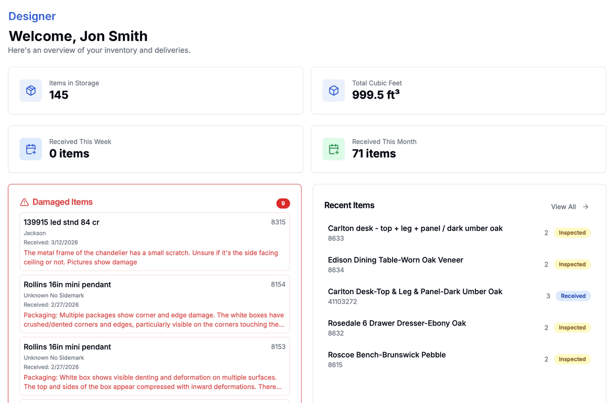 RECEIVED inventory management app dashboard showing items in storage, damage reports, and recent items