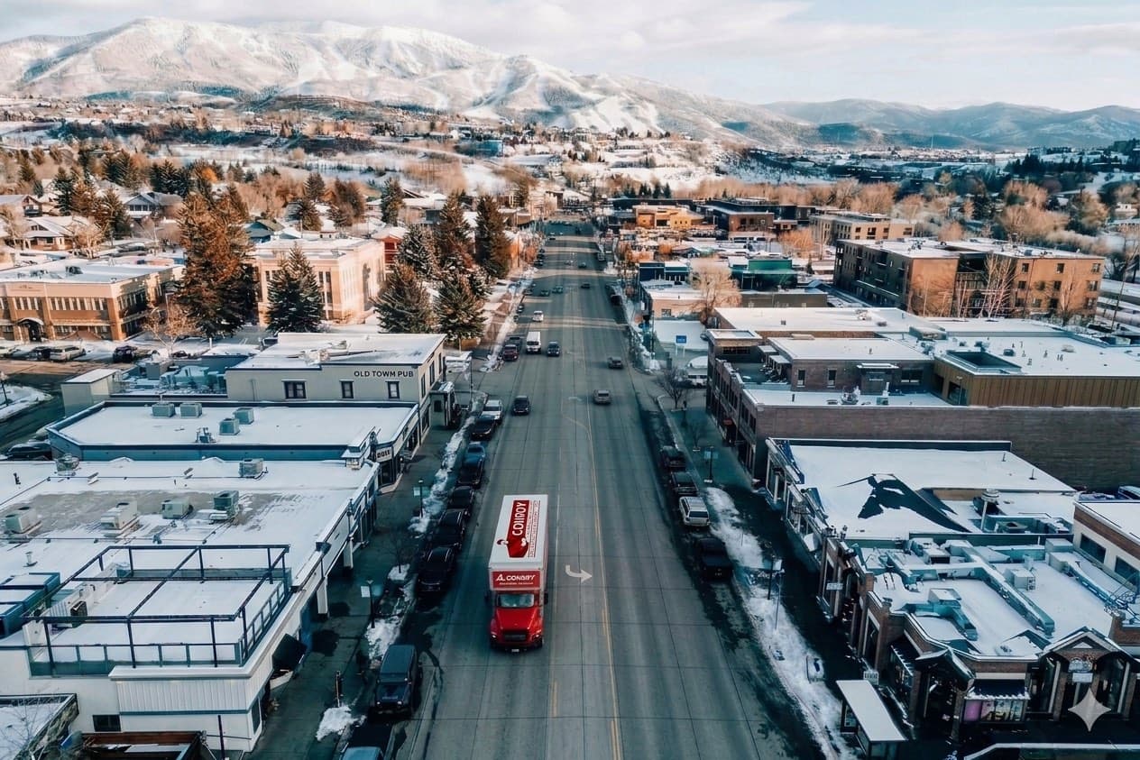 Aerial view of Conroy truck driving through downtown Steamboat Springs in winter