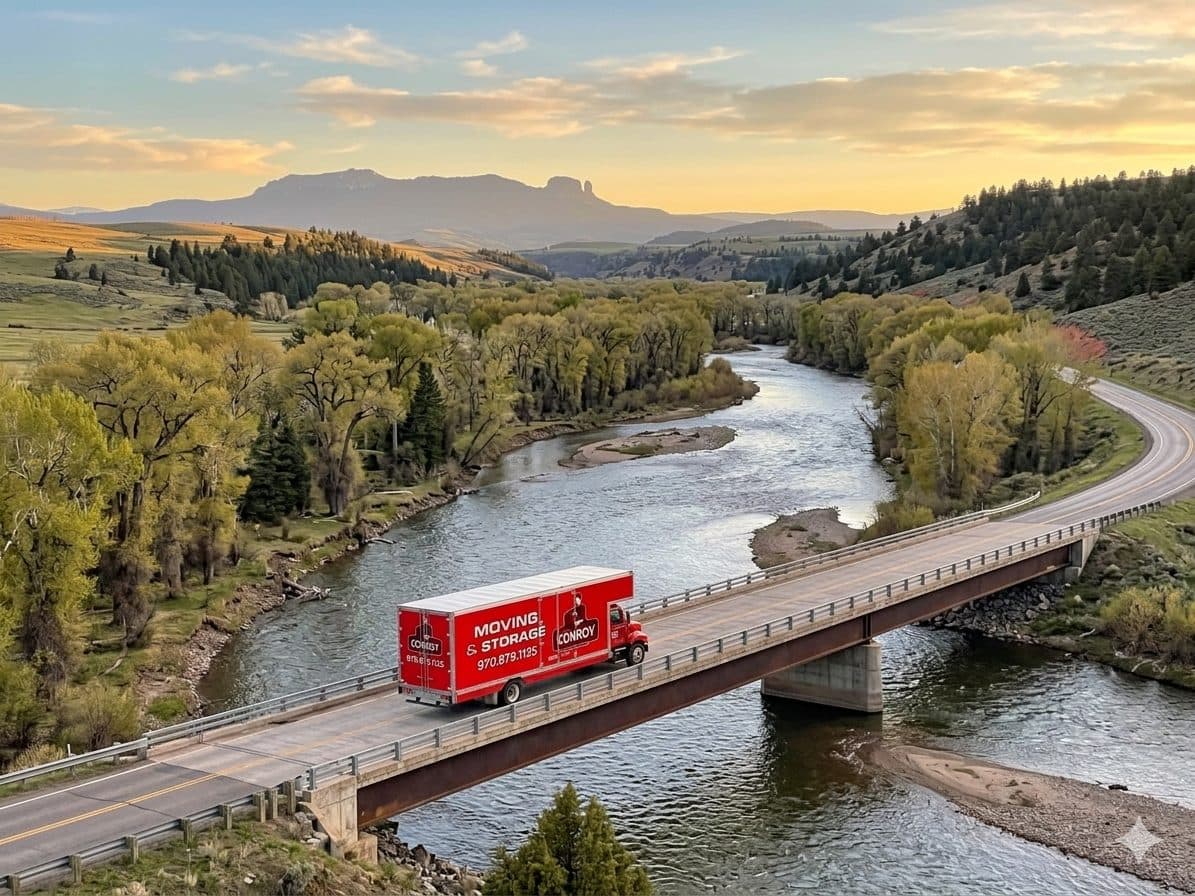 Conroy Moving truck crossing a bridge over a river in Colorado mountains